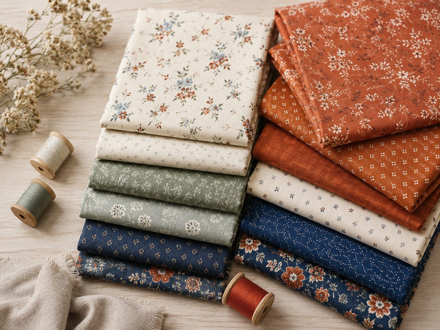 A stack of folded quilting cottons