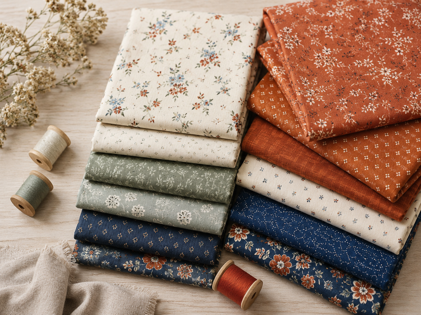 A stack of folded quilting cottons