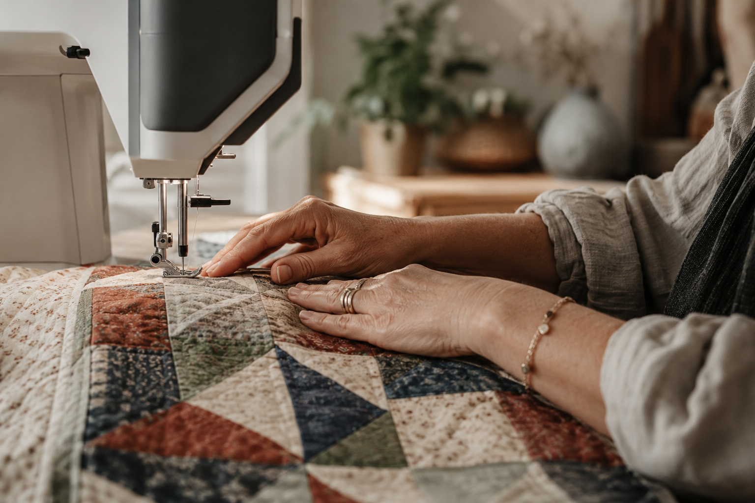 A quilter guiding patchwork under a sewing machine